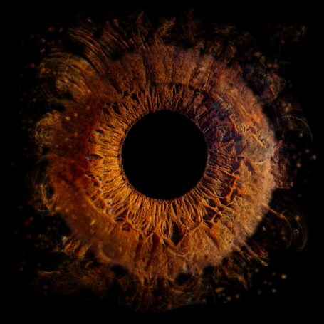 Irisfotografie Ein abstraktes, orangebraunes Motiv mit einem schwarzen Zentrum, das an ein Auge erinnert.