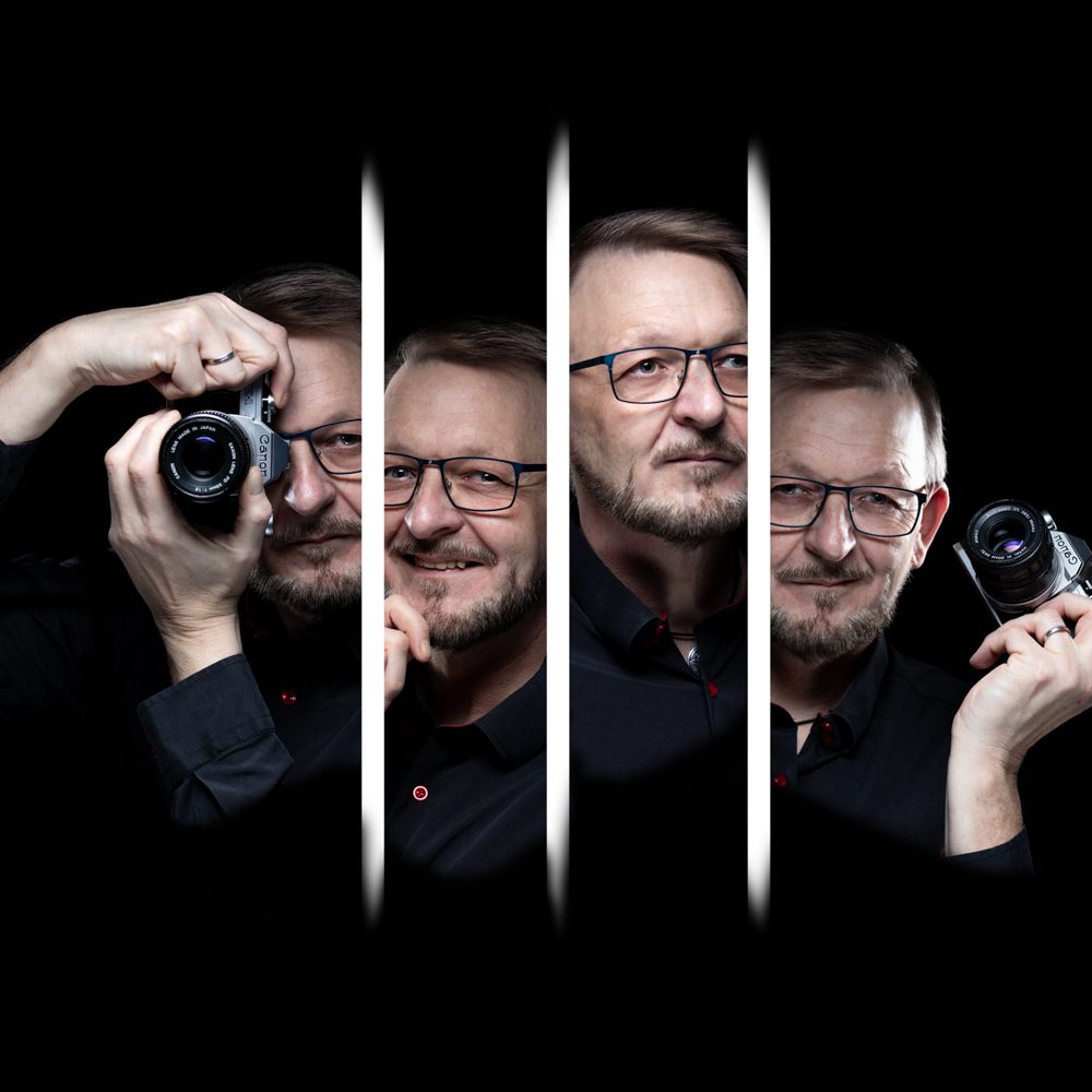 Tim Theissen Fotografie Mann mit Bart und Brille hält Kamera in vier verschiedenen Personen. Bilder mit weißen Linien getrennt.