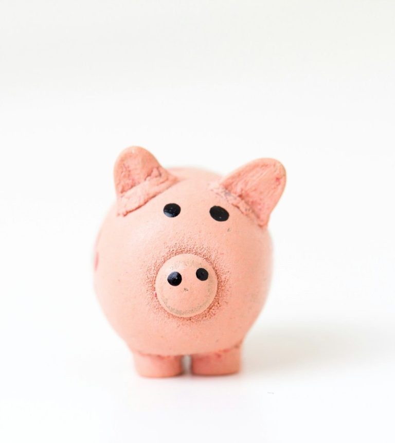 Rabatt mit Werbung Schweineförmige Sparschwein in Rosa mit schwarzen Augen und Nase.