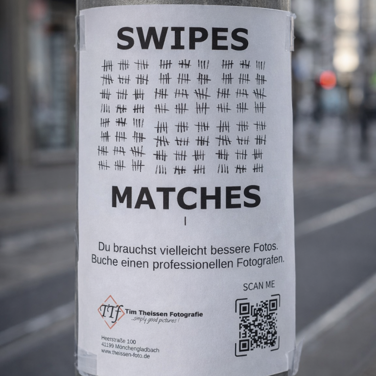 Match Maker Ein Plakat an einem Straßenpfosten mit Text zu Swipes und Matches, Kontaktinformationen.
